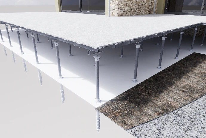 Structure de terrasse sur vis de fondation sans dalle en béton