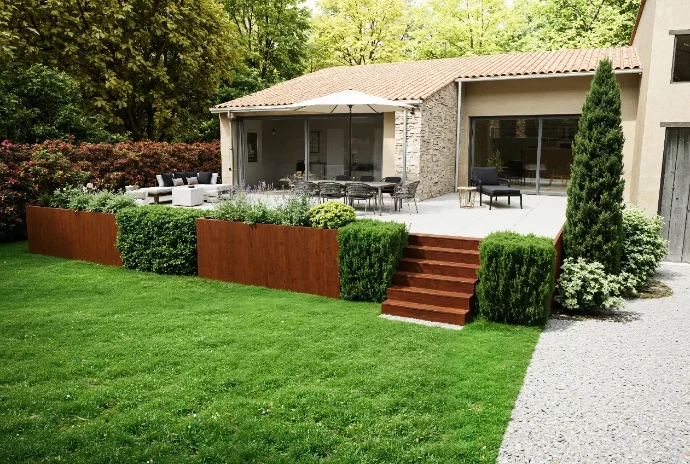 Terrasse sur terrain en pente avec différence de niveau
