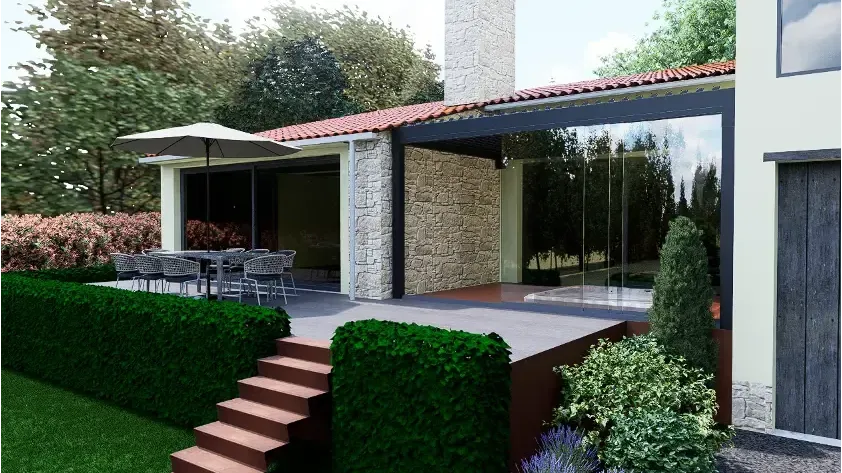 Terrasse sur terrain en pente avec escalier