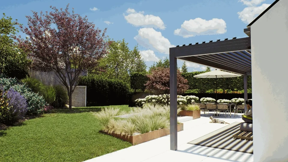 Aménagement complet d'une terrasse avec pergola et plantations